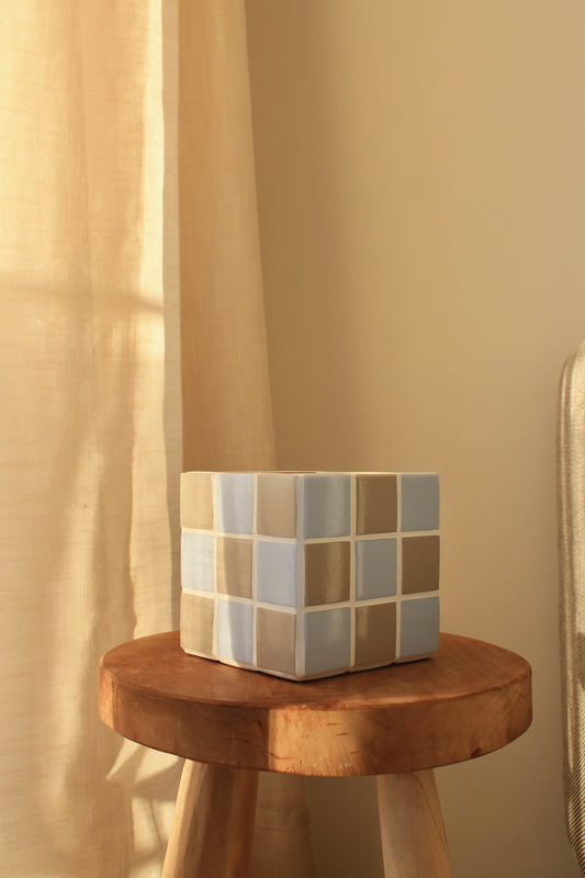 Petite boite/cache pot en mosaïque Bleu et Beige lin
