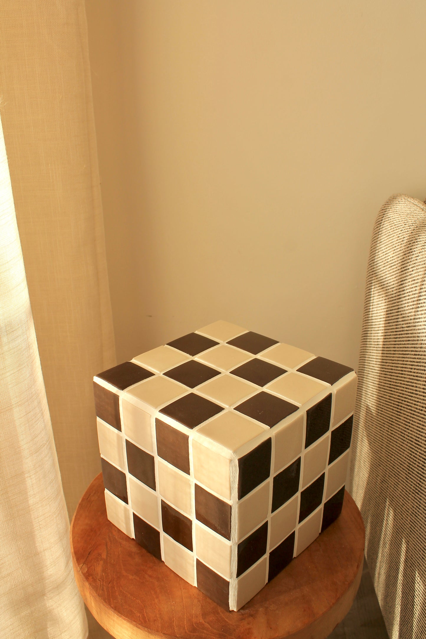 Grande boite/cache pot en mosaïque Crème et Chocolat